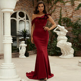 Asymmetrical Neck Ruffle Trim Party Dress